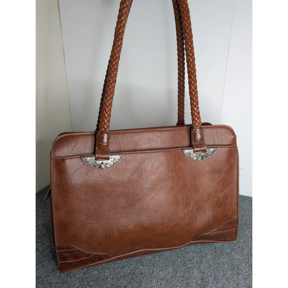 Bueno Faux Leather Satchel Braided Top Handle Ornate Hardware‎ Shoulder Purse